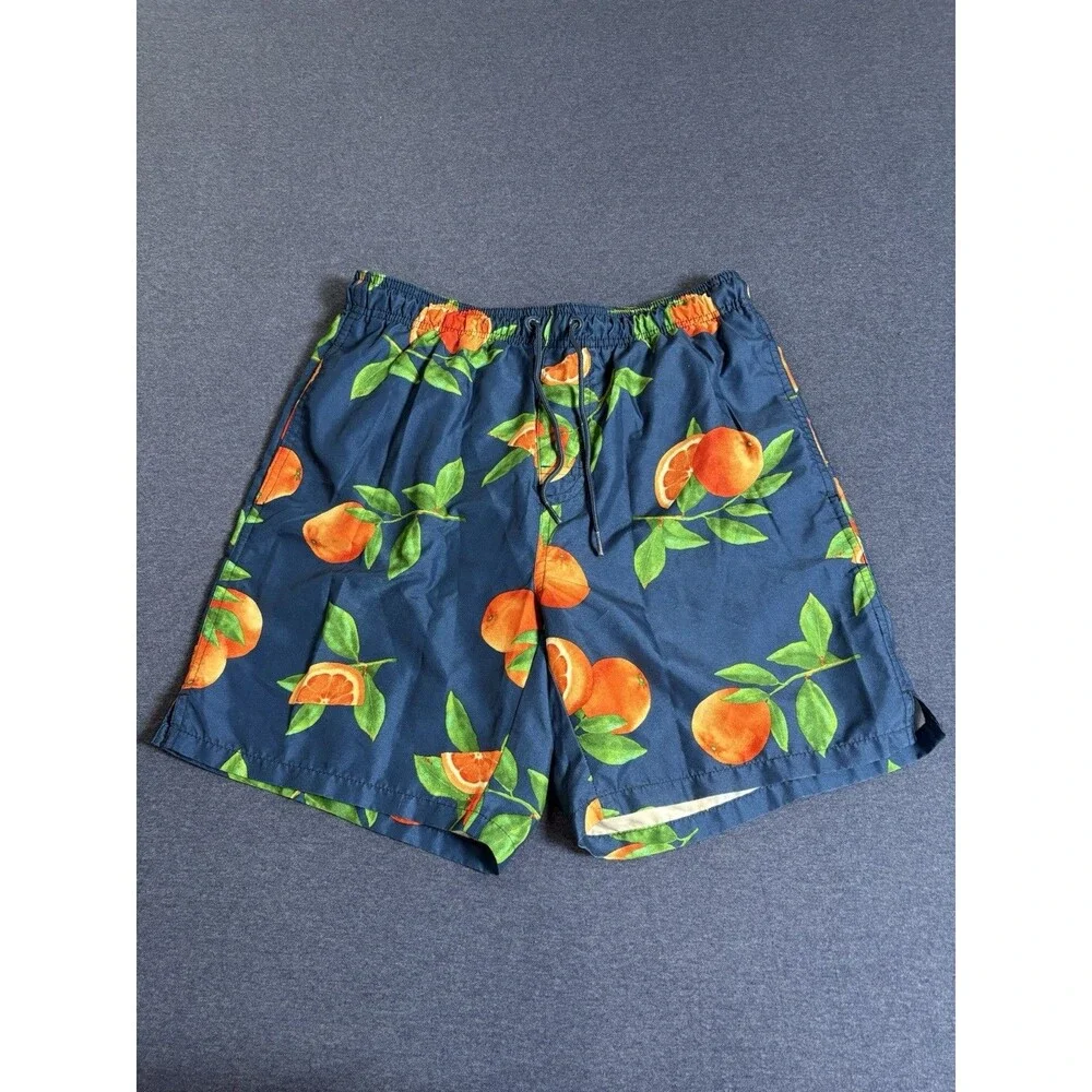 Old Navy Men's Swim Shorts Fruit Print Blue Orange Green Elastic Drawstring S